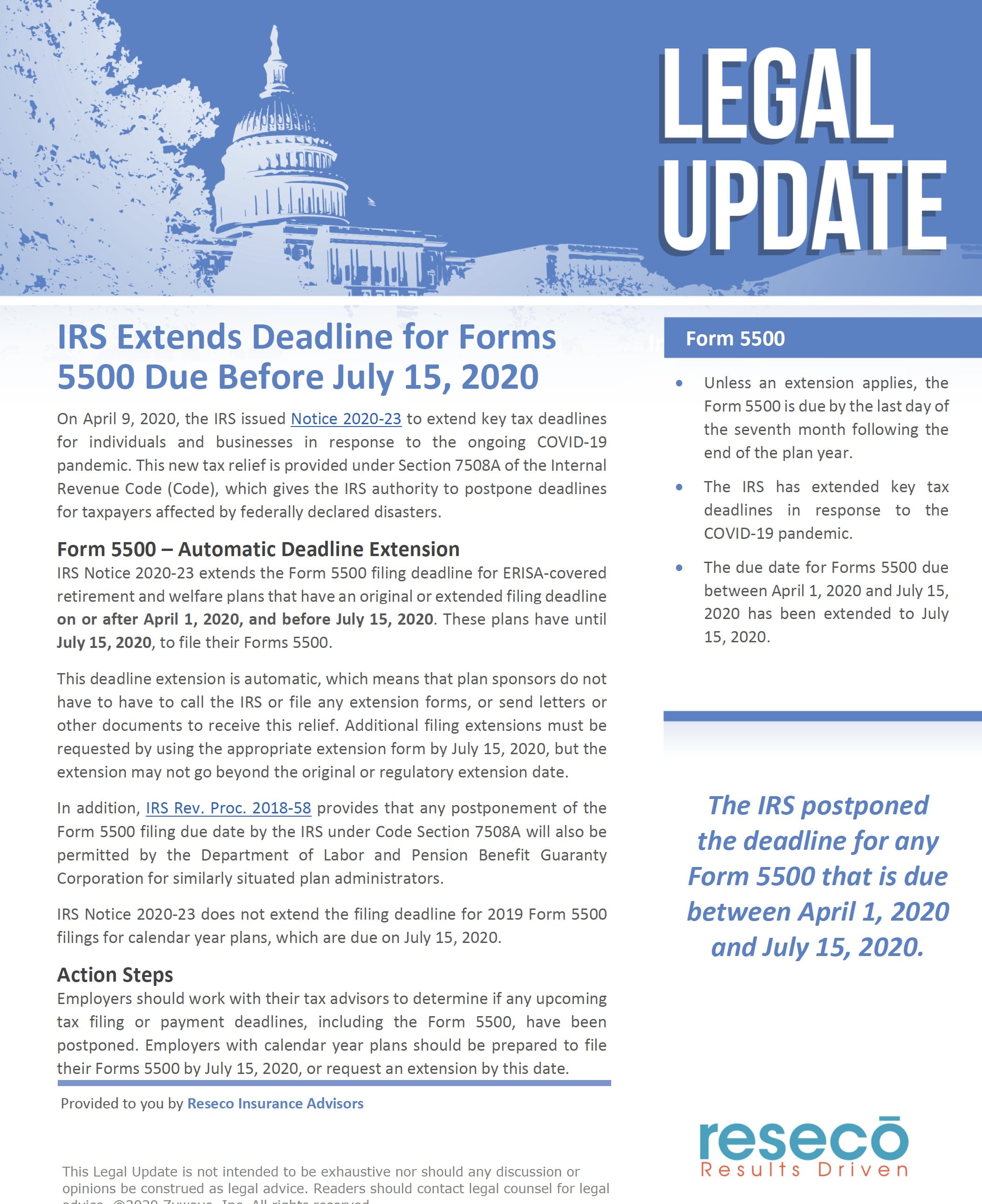 284359 IRS Extends Deadline for Forms 5500 Due Before July 15 2020 Resecō