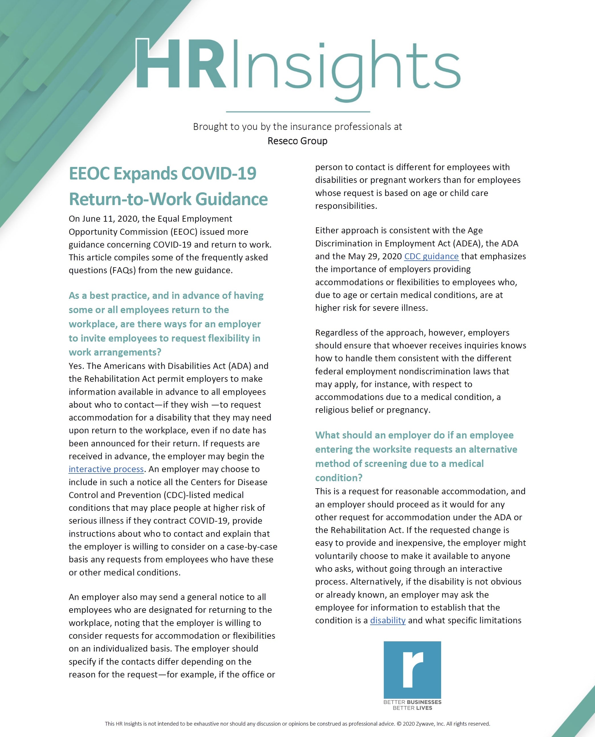 EEOC Expands COVID19 Return to Work Guidance Resecō